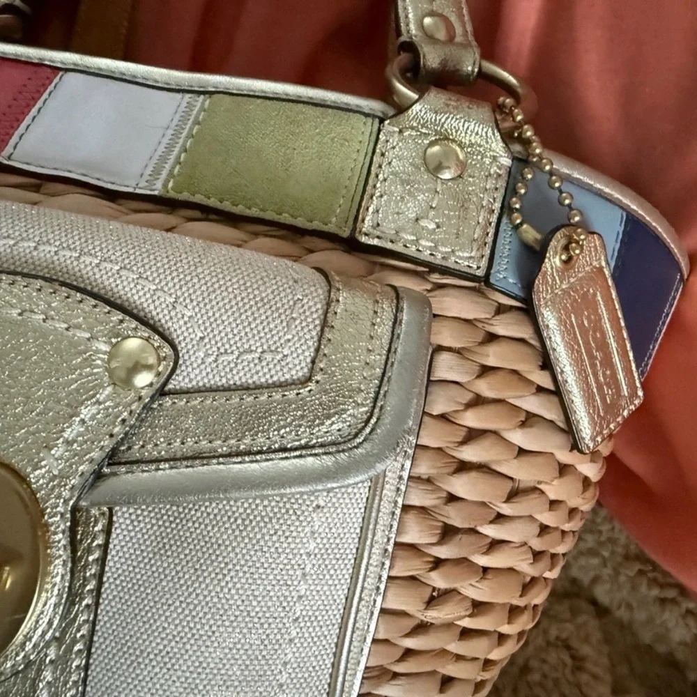 Coach Raffia/Straw Tote with Multicolor Leather Trim and Metallic Gold Accents - Picture 3 of 7